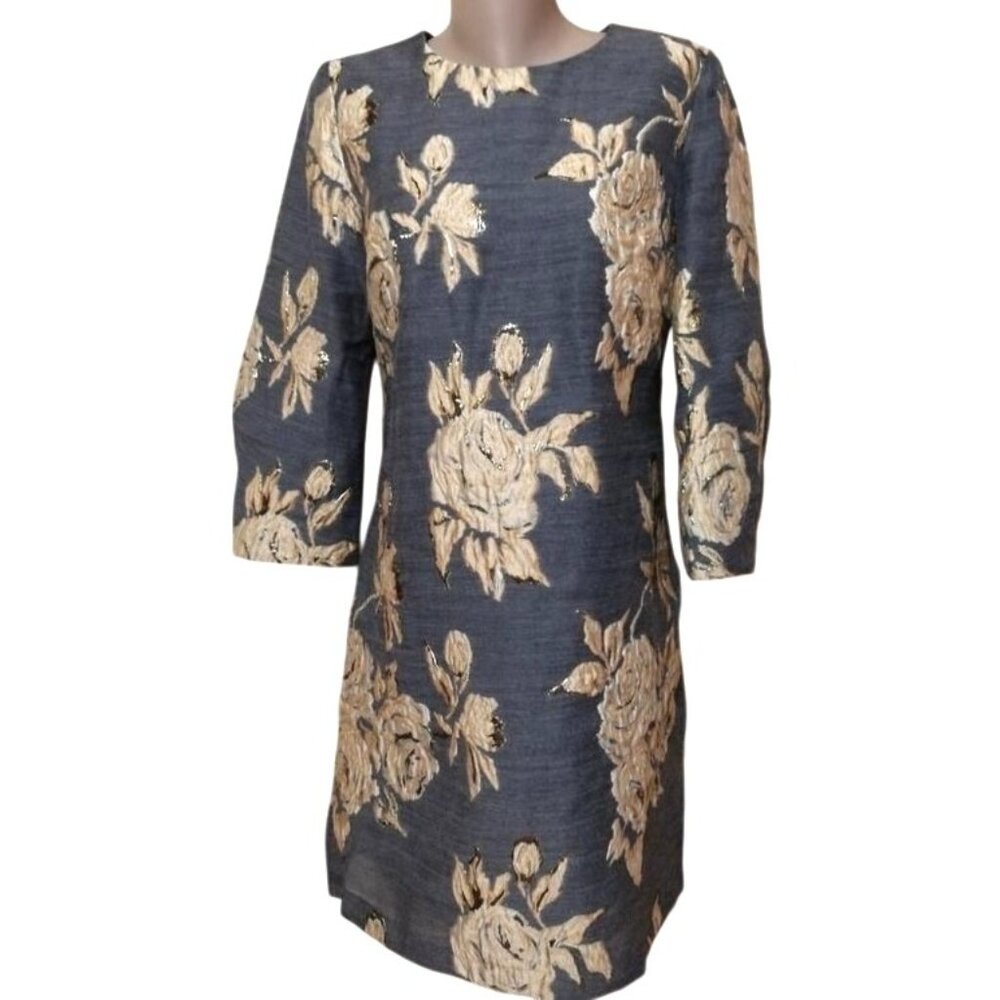 Irene Klarie Floral Embroidered Shift Dress Size UK42 US 8 M Gray Jacquard Gold - Picture 6 of 15